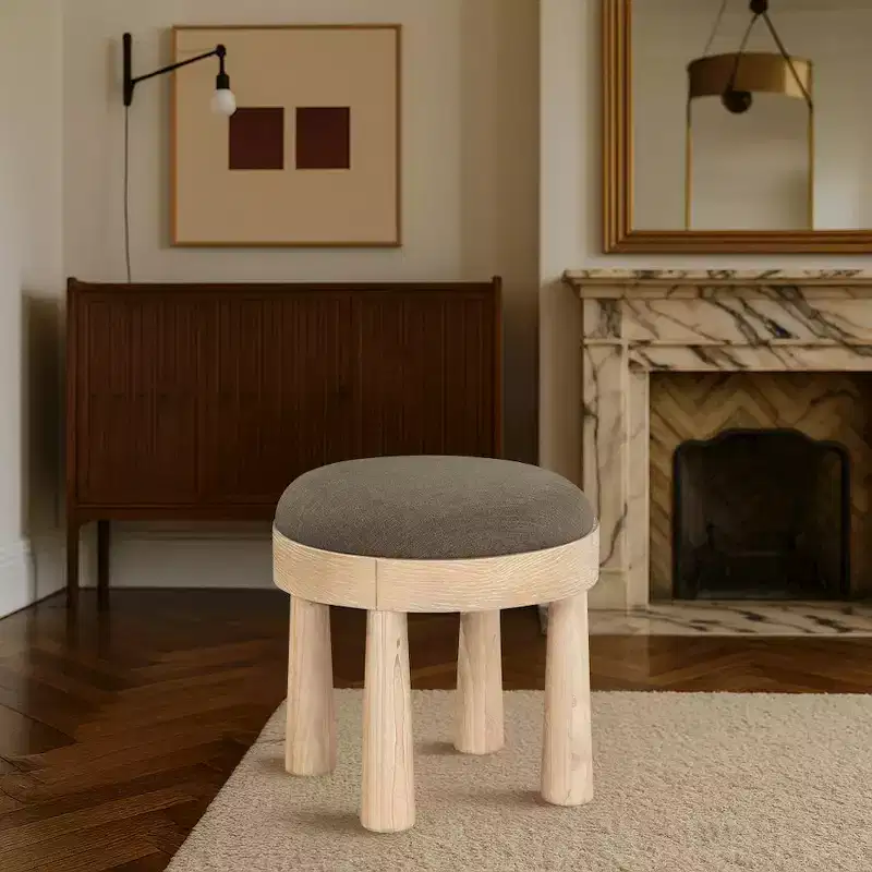 Brown / Cream / Olive Linen Round Ottoman, Seats 1