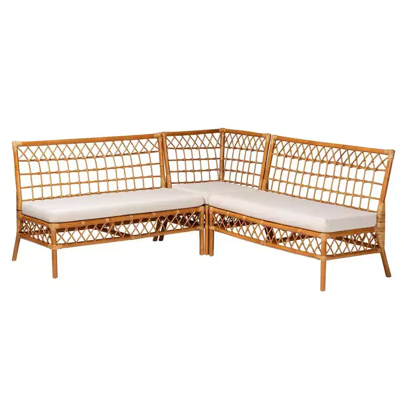 bali & pari 3pc Capella Rattan Dining Nook Banquette Set White/Light Honey: Handcrafted, Foam Cushioned, No Assembly