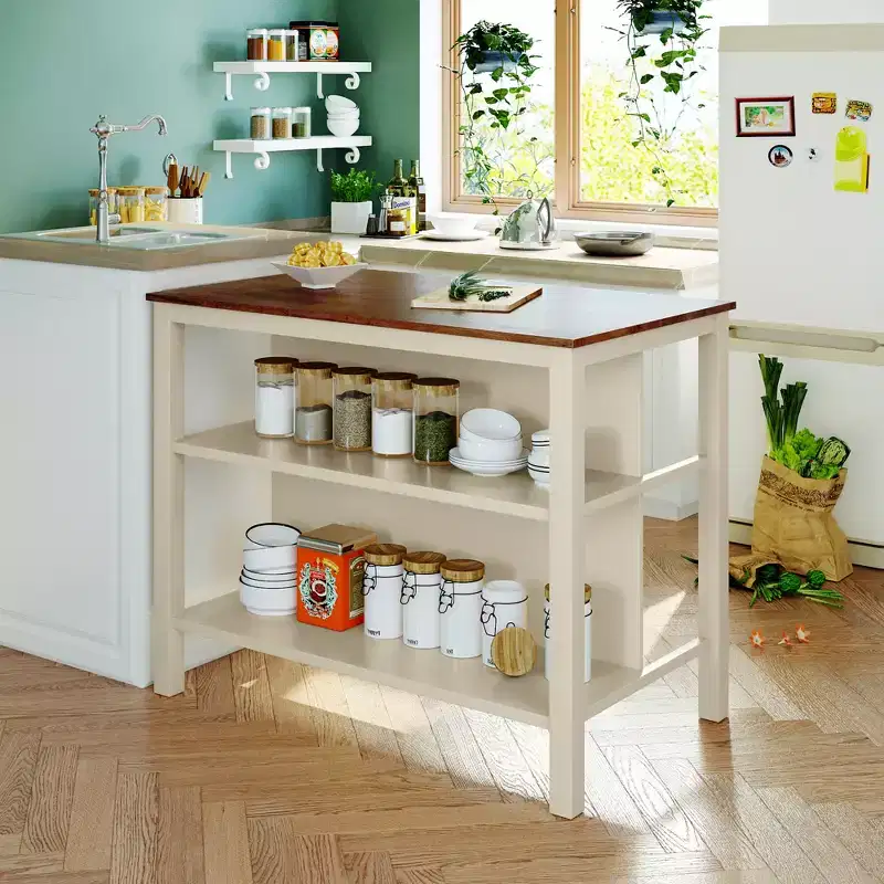 Whisen 45 Solid Wood Kitchen Island Set with 2 Seatings and 2 Shelves - Walnut Cream White