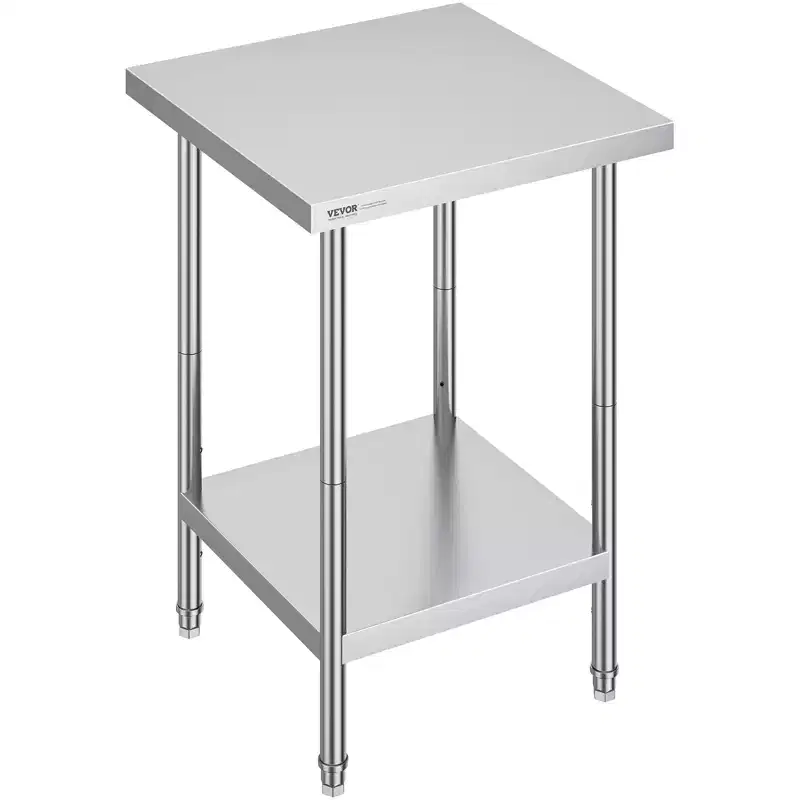 VEVOR Stainless Steel Prep Table, 24 x 24 x 34 Inch, 700 lbs Load Capacity, Heavy Duty Metal Worktable with 3 Adjustable Height Levels