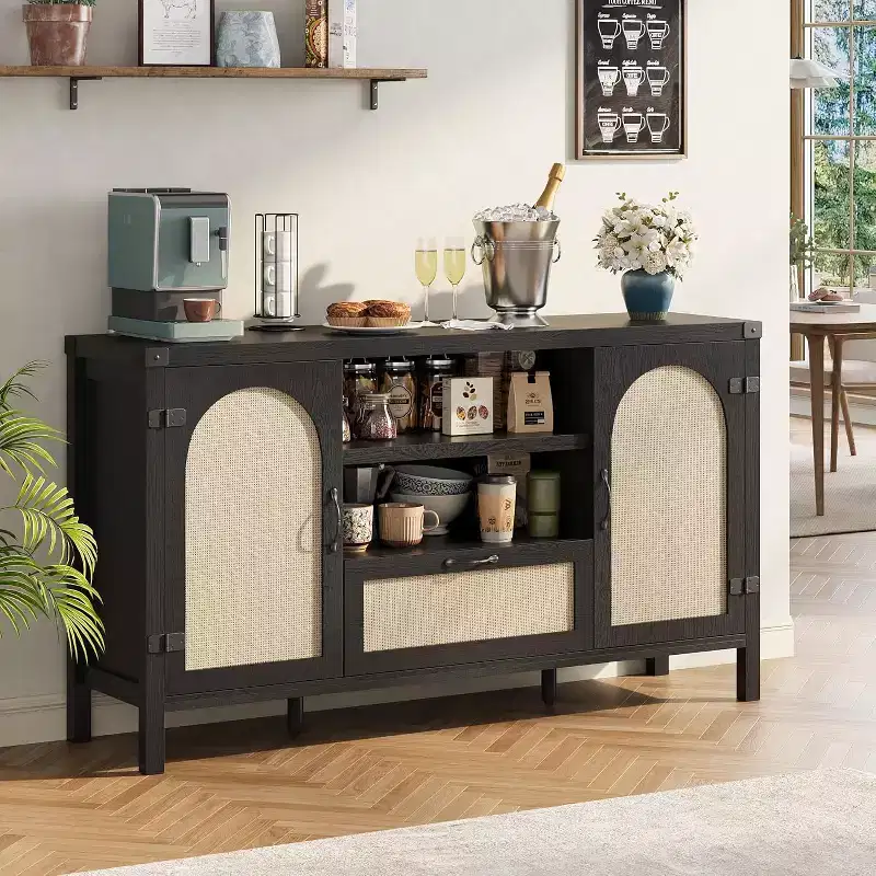 47 Boho Farmhouse Rattan Buffet Cabinet with Adjustable Shelves & Arched Cane Doors,Storage Sideboard for Kitchen, Dining, Living Room & Entryway