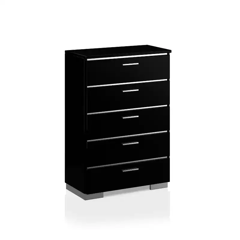 5 Drawer Chest with Glossy Finish, Wood Frame and Metal Glides