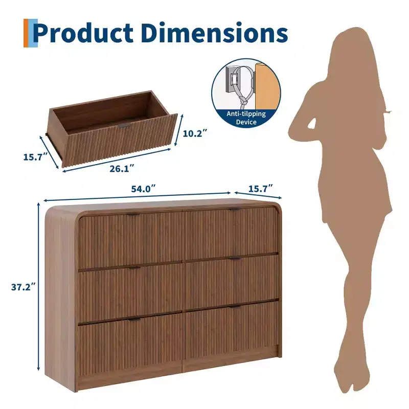 Fluted 6-Drawer Dresser, Modern Bedroom Storage Chest with Rounded Edges, Wood Finish, Wide Storage Furniture for Bedroom, Living Room & Hallway