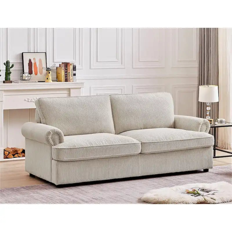 76-Inch Corduroy Sofa Bed with Round Arms and Pull-Out Queen Mattress