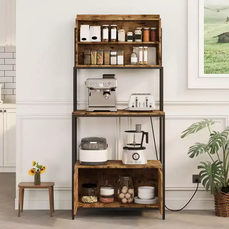 67.7 Industrial 6-Tier Kitchen Bakers Rack with Power Outlet - Microwave Stand with Shelves & Cabinet - Freestanding Storage Organizer