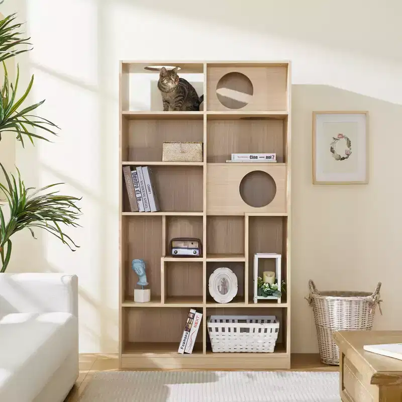 2 in 1 Bookshelf Cat House Cat Tree Display Case Cat Litter Box Enclosure Climbing Shelf Bookcase Storage Rack, Natural
