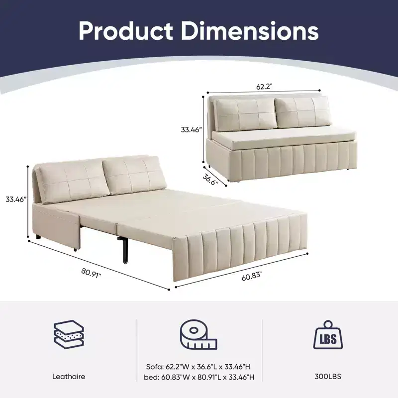 62 Inch 3-in-1 Pull-Out Sleeper Sofa Bed with Chaise Lounge