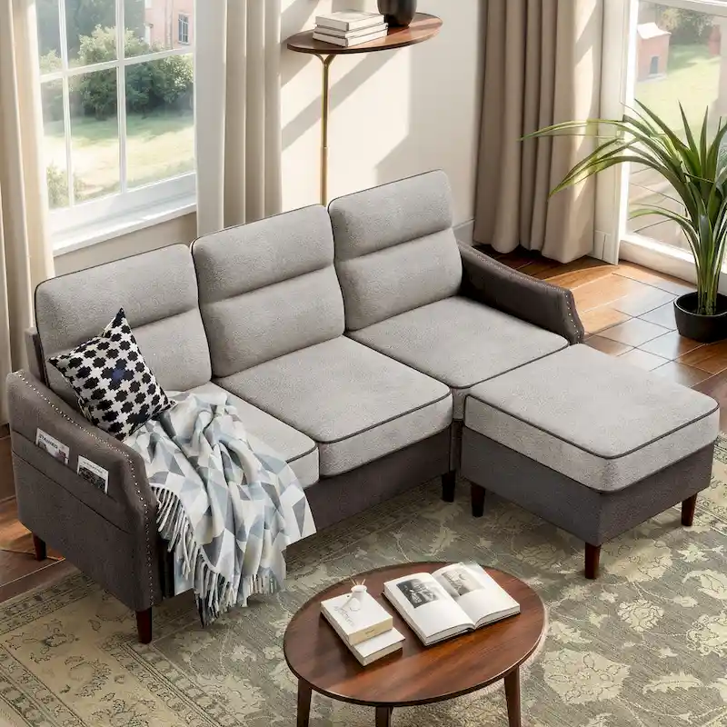 Futzca 78 L Shaped Sofa Couch with Ottoman and Side Storage Bag