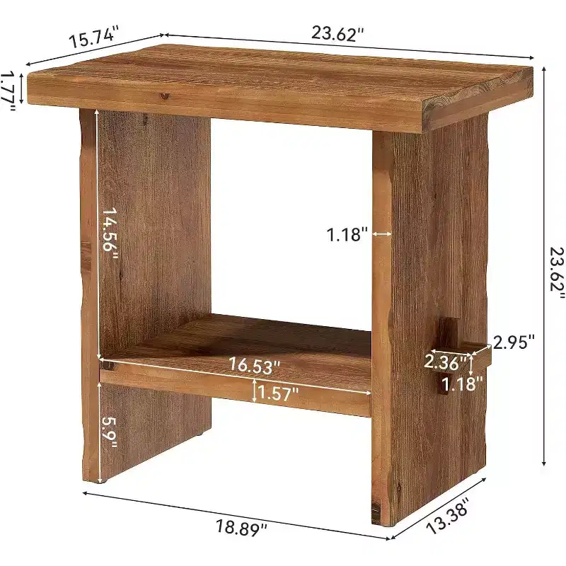 Solid Wood Nightstand with Storage, Farmhouse Rectangle Bedside Table with Wooden Base for Bedroom Accent Furniture, Brown