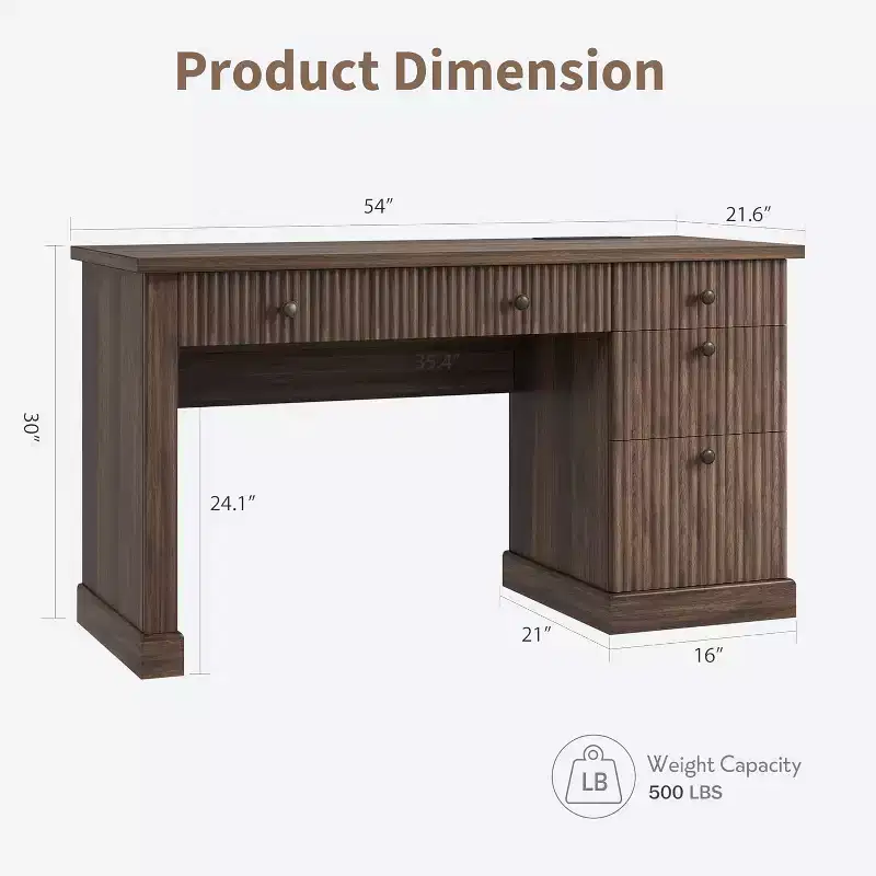 COZONY 60 Modern Office Executive Desk with Fluted Wood Top, File Cabinet & Drawers, Spacious Storage Writing Desk for Home Office, Study & Bedroom