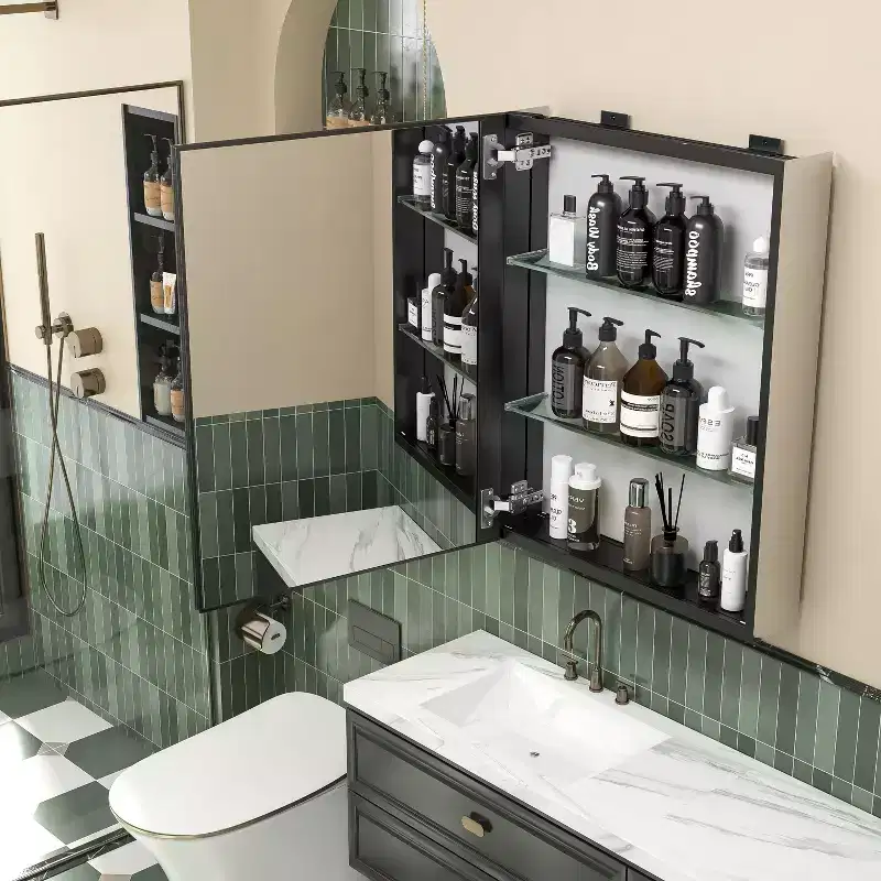 MAYEERTY 26 x 20in Modern Rectangular Bathroom Medicine Cabinets, Metal Framed Wall Mirror with Storage, Black