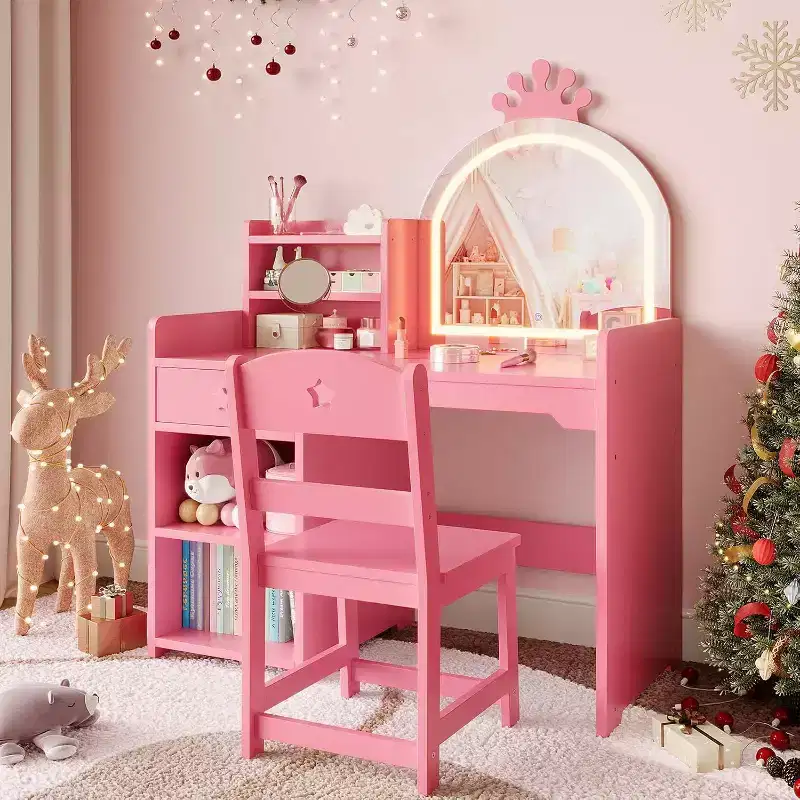 Acekool Kids Vanity Set with LED Lighted Mirror, 2-in-1 Princess Vanity Table and Chair with Bookshelf, Storage Cabinet & Shelves for Girls