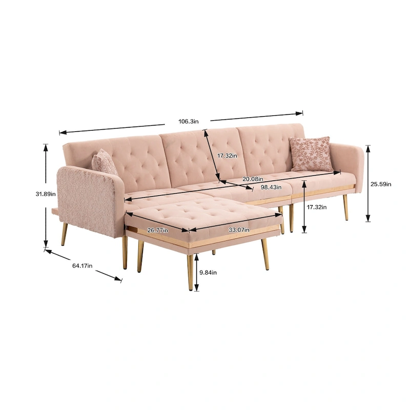 Polyester Upholstered Tufted Sleeper L-Shaped Sectional Sofa With Ottoman