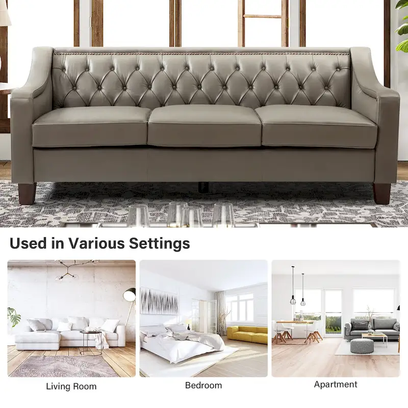 Mateo 82.28 Wide Transitional Genuine Leather Sofa with Nailhead Trim and Button-Tufted Back