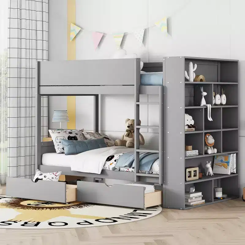 Twin Over Twin/Full Over Full Bunk Bed with 2 Drawers and Multi-Layer Cabinet, Space-Saving Storage Solution, White/Gray - ModernLuxe