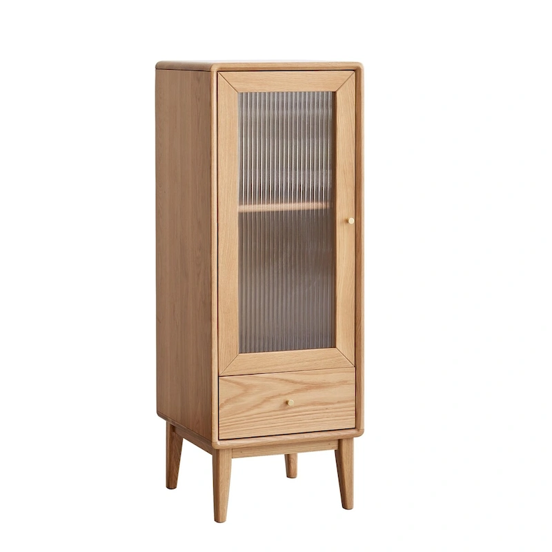 Solid Oak Storage Cabinet for Living Room Corner Cabinets Storage Table with Vintage Glass Door,2 Shelves,1 Drawers