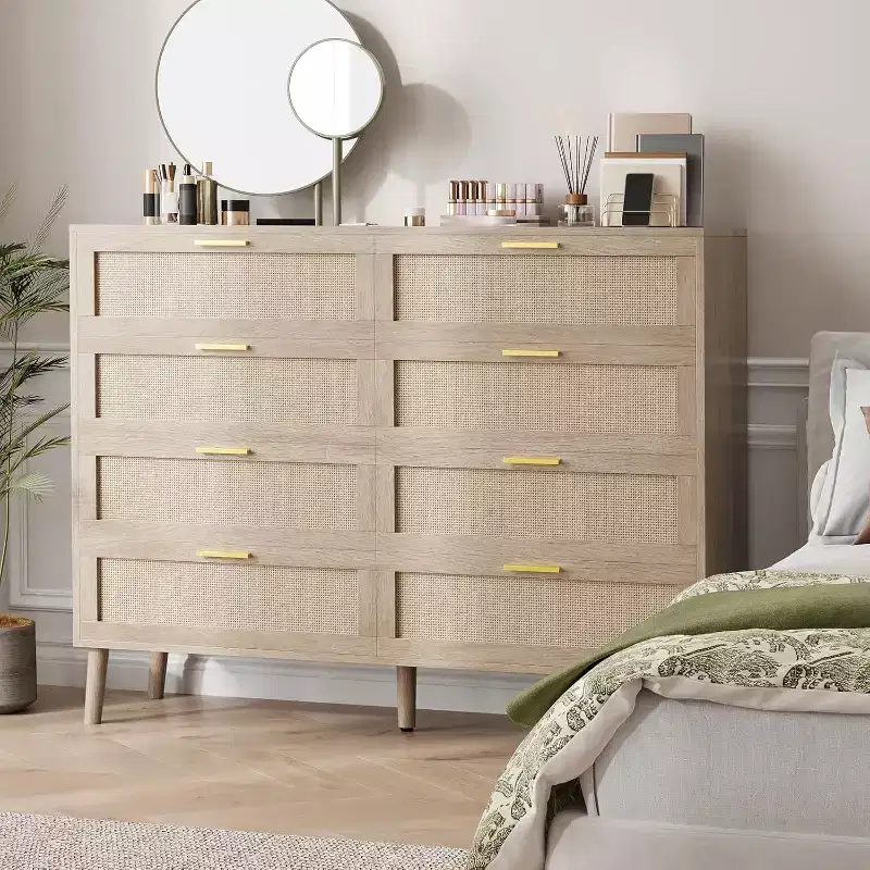 8-Drawer Natural Rattan Dresser with Golden Handles