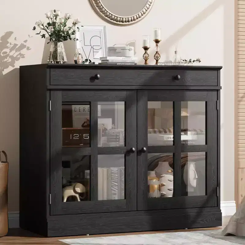 35.4''W Sideboard Buffet Cabinet with Glass Door and Drawer, Adjustable Storage Cabinet for Dining Room, Kitchen or Living Room