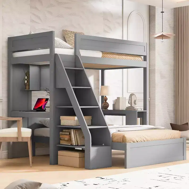 Twin XL Over Full Bunk Bed Frame with Desk and USB
