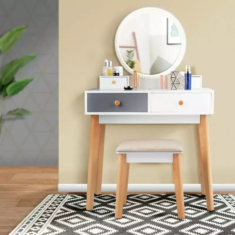 Vanity Table with 3 Color Lighting Modes, MakeUp Stool & Jewelry Storage