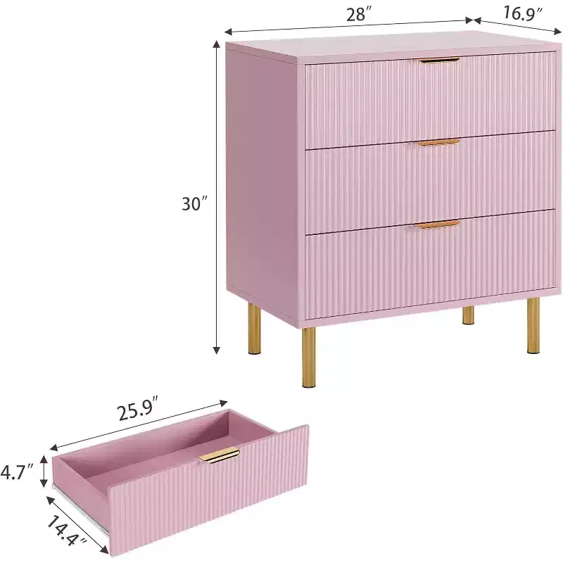 COZONY Pink 3 Drawer Dresser for Bedroom, Modern Wood Chest of Drawers with Gold Handles, Storage Organizer Cabinet for Living Room, Hallway