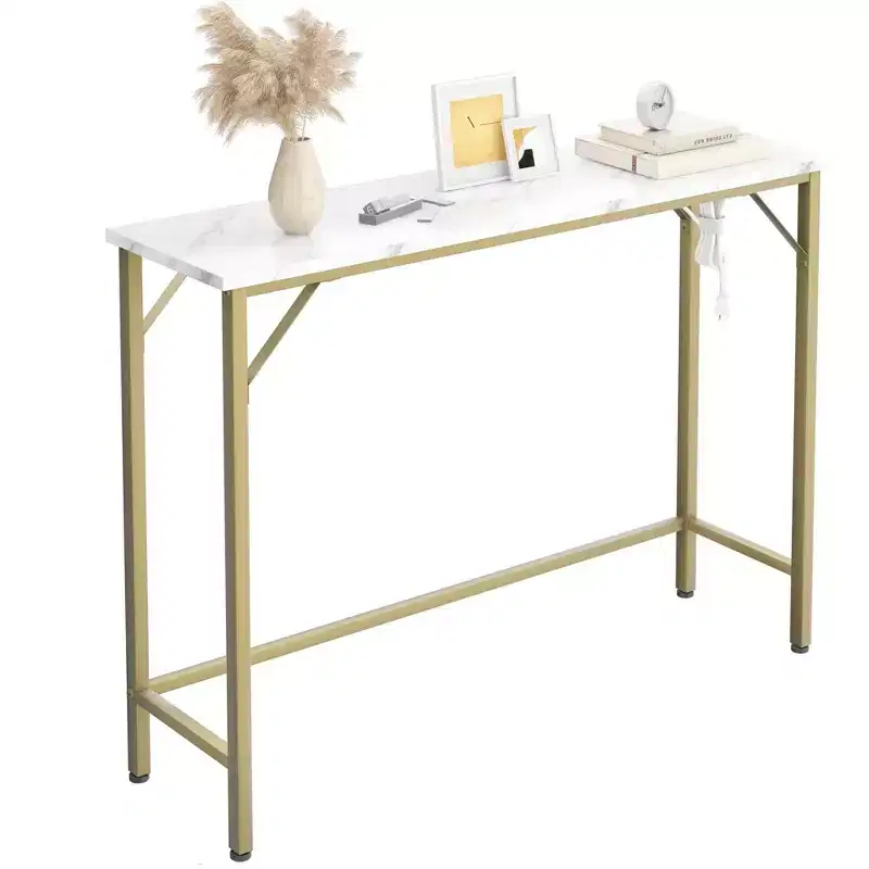 Narrow Console Table, Golden Sofa Table with Outlets, Behind Couch Table for Living Room, Hallway Table for Entryway