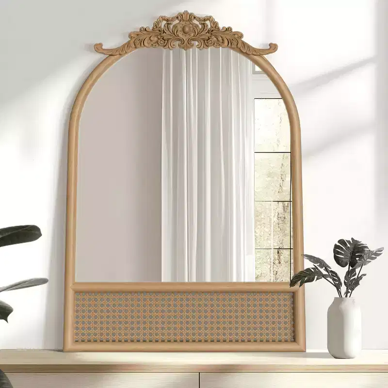 MAYEERTY 35.83x24.02x1.57in Solid Wood Carved Rattan Right Angle Arch Brown Hanging Mirror