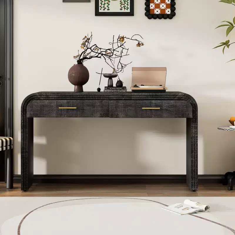 Okak Curved Console Table with Thick Tabletop, Entry Table with 2 Top Drawers and Metal Handle, Accent Table for Dining Room, Living Room