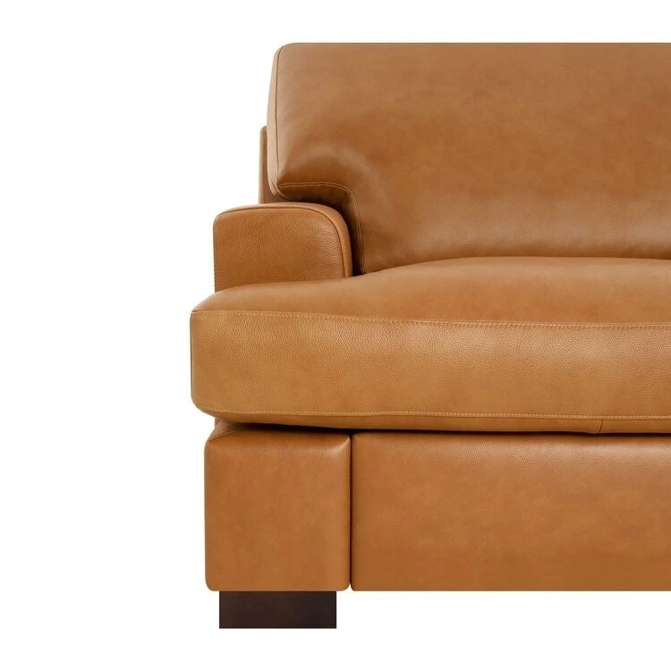 Modern Genuine Leather Sofa with Wooden Legs & Additional Bolster Pillow