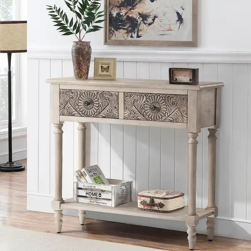 COSIEST Vintage Solid Wood 2-Drawers Console Table-31.5W x 12L x 30H
