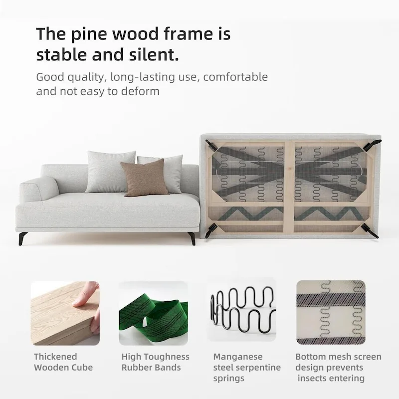 Square Arm Fabric Straight Sofa in Beige