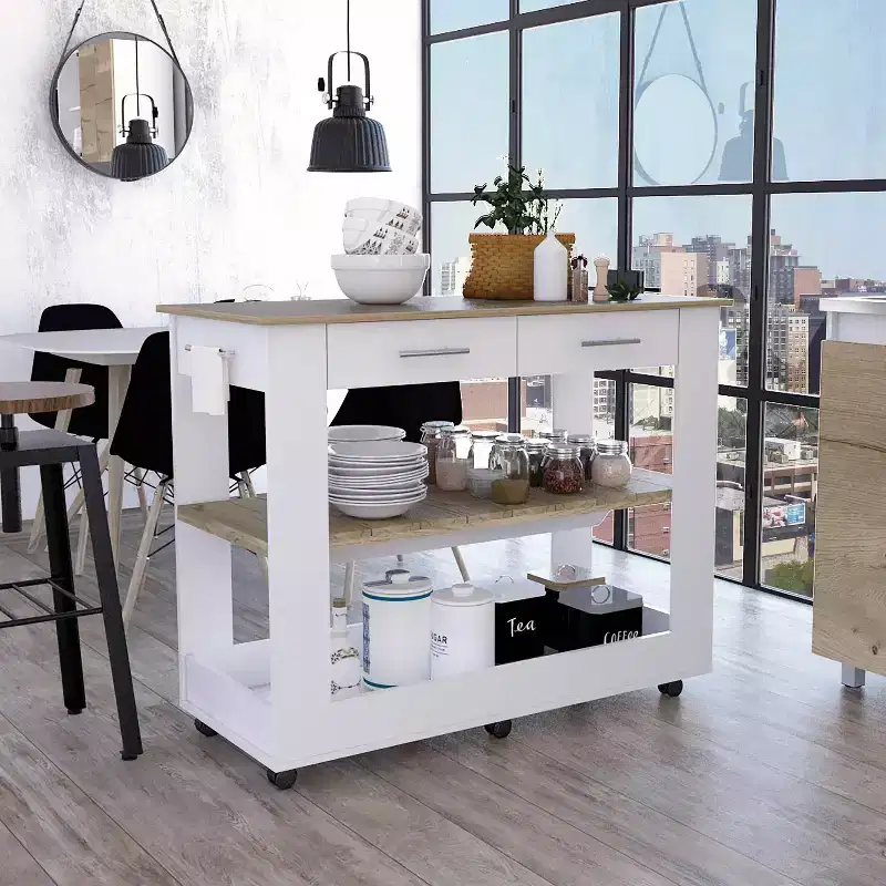 Kitchen Island with 2 Open Shelves, Kitchen Cart with 2 Drawers and Metal Handles, Kitchen Island On Wheels for Dining Room, Kitchen, White