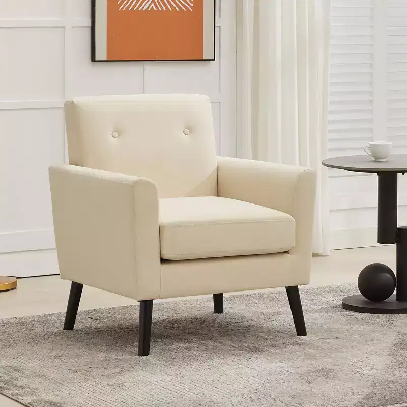 Mid-Century Modern Accent Chair with Wood Legs | Linen Fabric Upholstered Armchair with Thick Cushion for Living Room, Office & Bedroom
