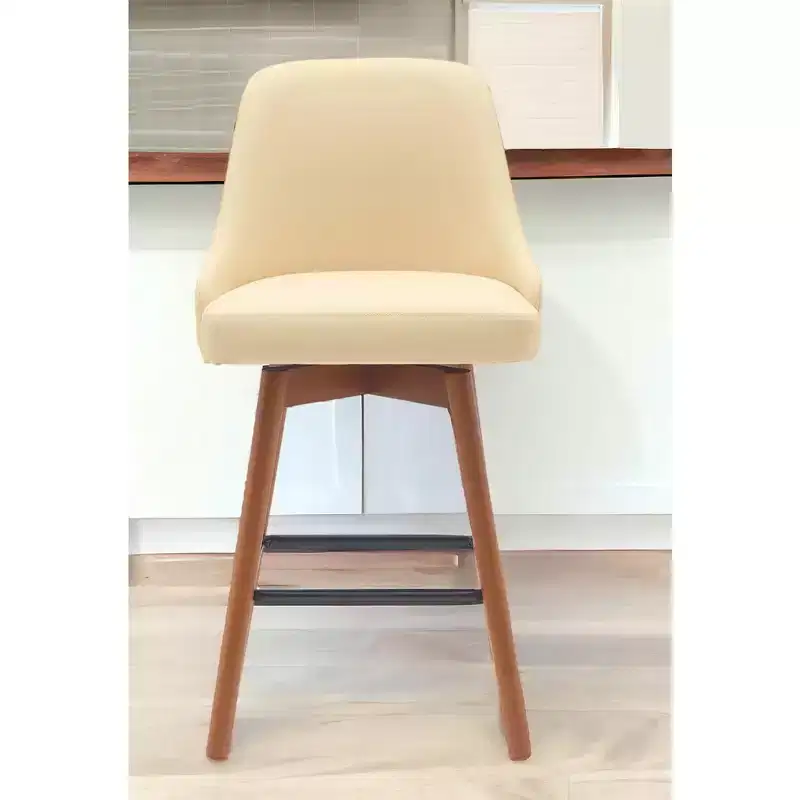 HomeRoots 26 Cream and Wood Brown Faux Leather with Solid Wood Swivel Counter Height Bar Chair