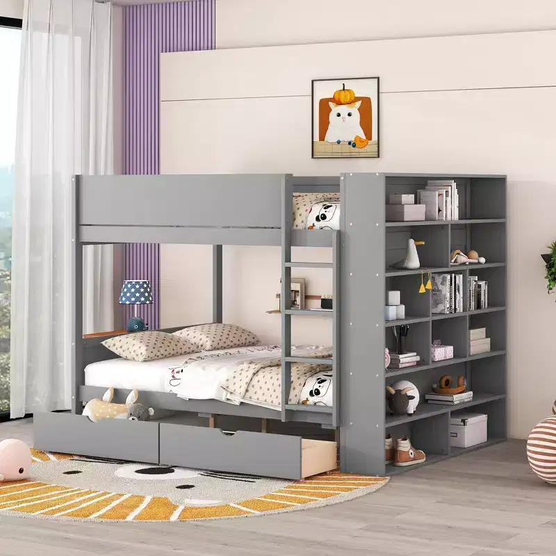 Twin Over Twin/Full Over Full Bunk Bed with 2 Drawers and Multi-Layer Cabinet, White/Gray