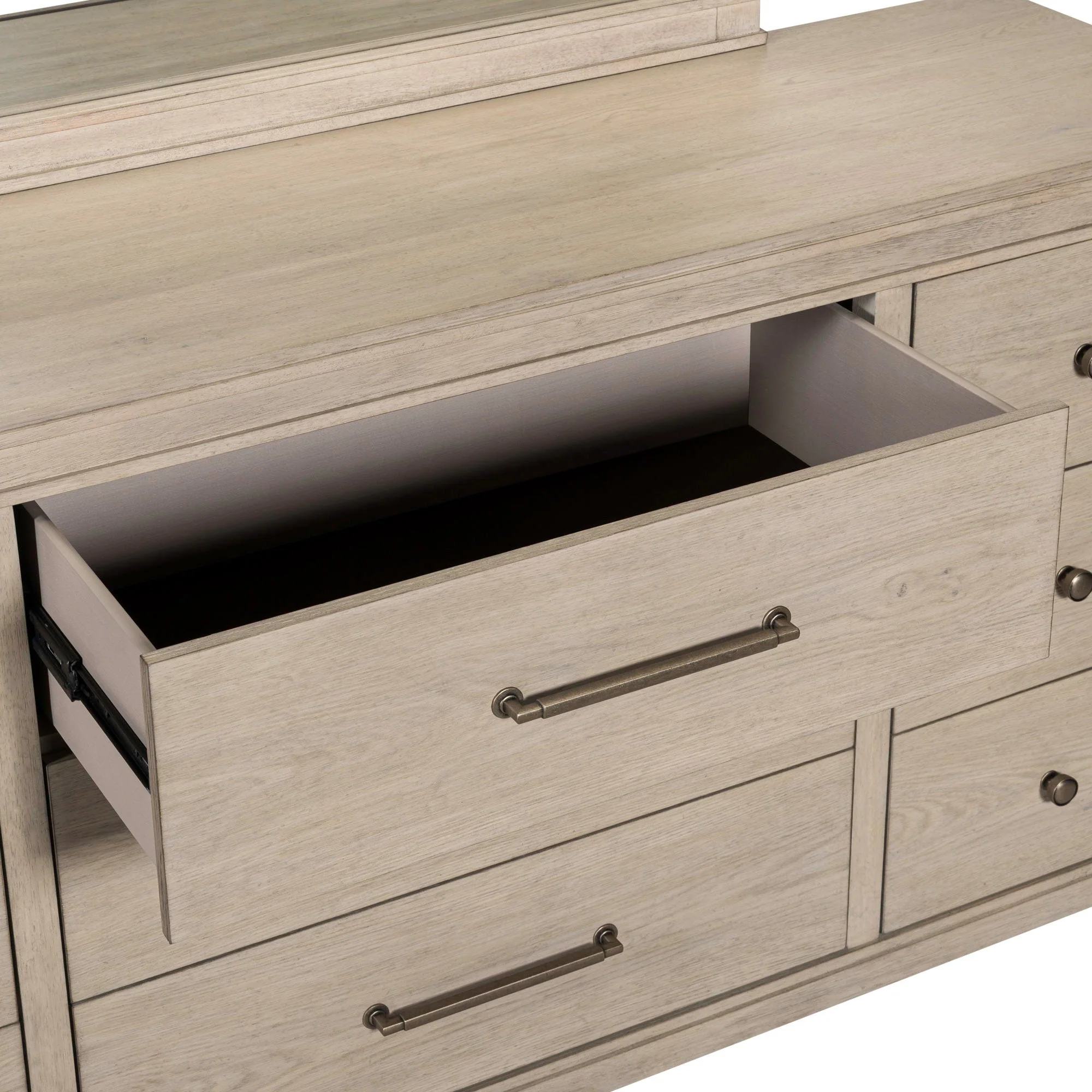 Dresser & Mirror - Sanctuary White — offers a transitional style showcasing a marriage of traditional and contemporary elements