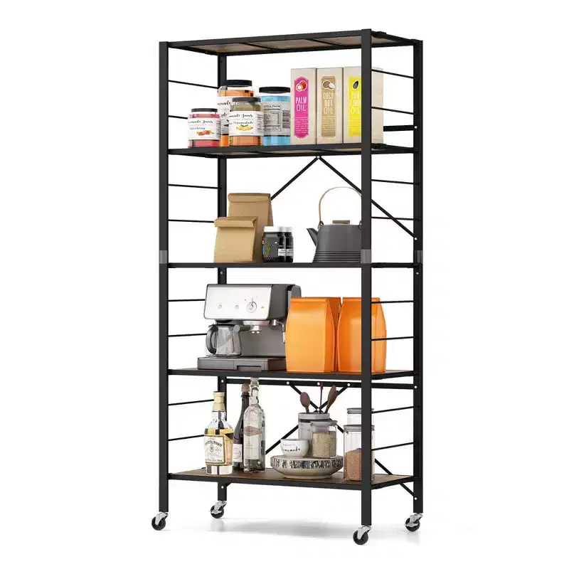 5-Tier Folding Shelving Unit with 4 Wheels, DIY Configurable, Black/Natural