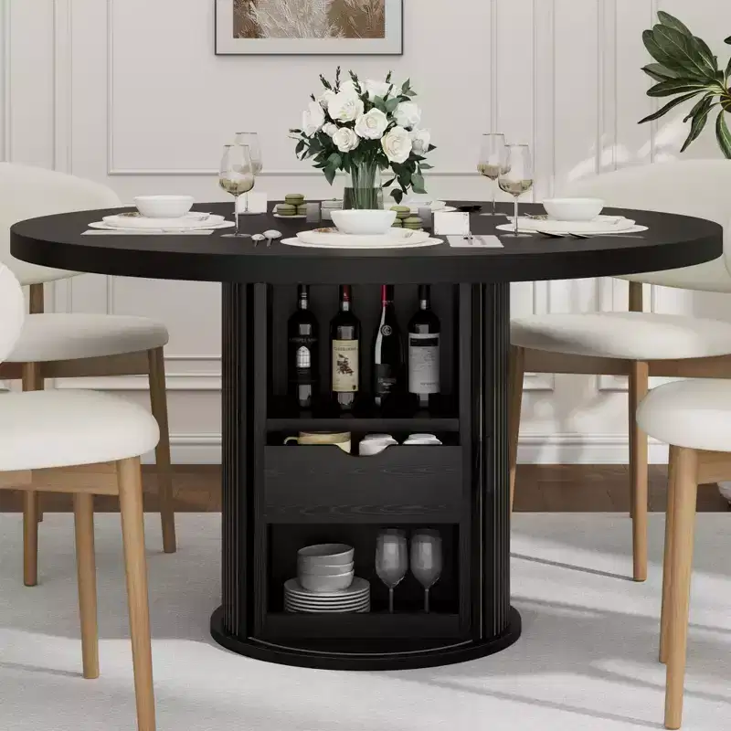 47 Round Dining Table for 4 w/ Storage Shelf & Drawer - Farmhouse Circle Table Sliding Doors, Natural Wood, Living Room