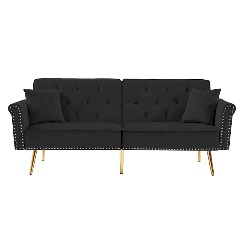 Velvet Tufted Sofa Couch with 2 Pillows and Nailhead Trim