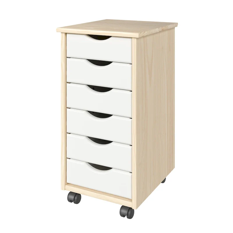 Original Roll Cart, Solid Wood, 6 Drawer Narrow Roll Cart, Natural and White