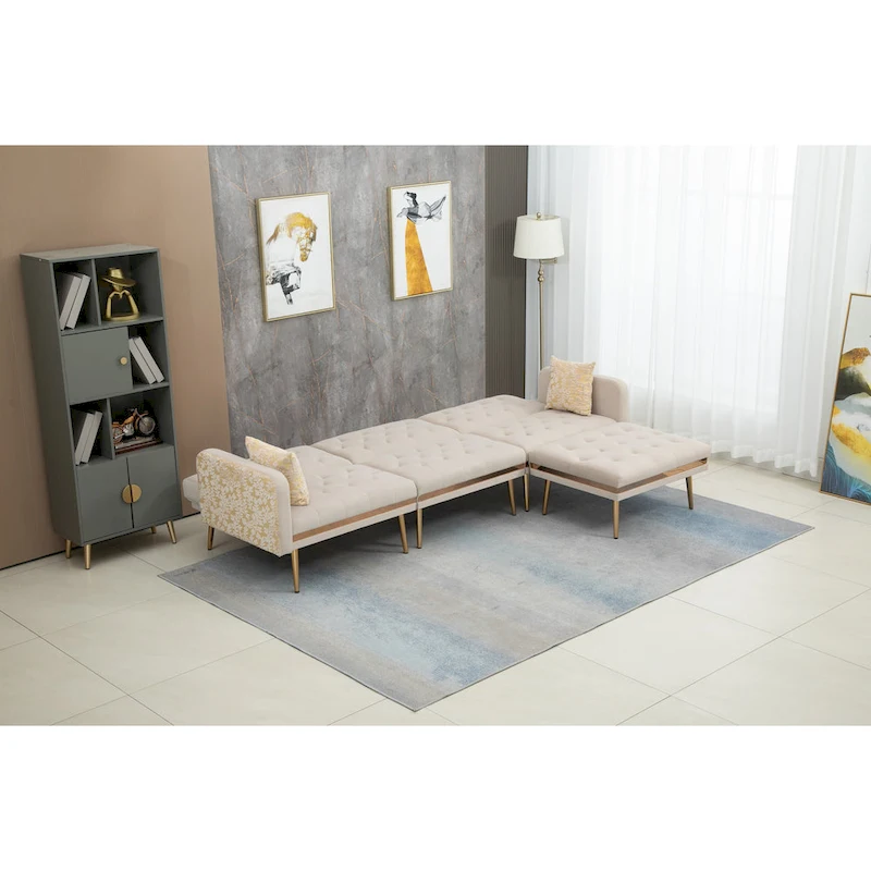 Polyester Upholstered Tufted Sleeper L-Shaped Sectional Sofa With Ottoman