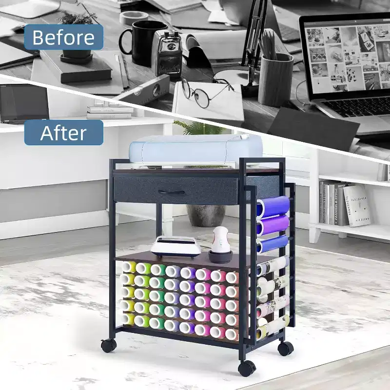 Acekool Craft Organizer Rolling Cart, Storage Workstation with Fabric Drawer, 47 Vinyl Roll Holder & Hooks for Craft Room