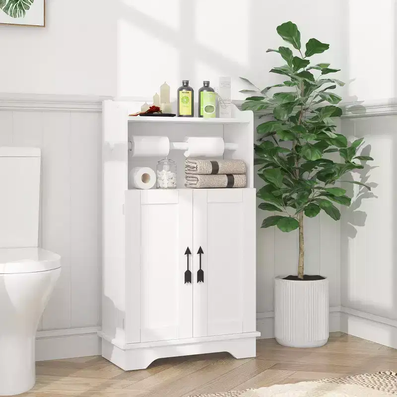 VECELO Bathroom Storage Cabinet Wooden Floor Cabinet with 2 Doors & Roll Toilet Paper Holder, Adjustable Shelf, White
