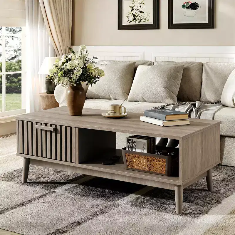 39.4 Coffee Table with Storage and Study Wood Legs, 2-Tier Rectangle Design for Living Room