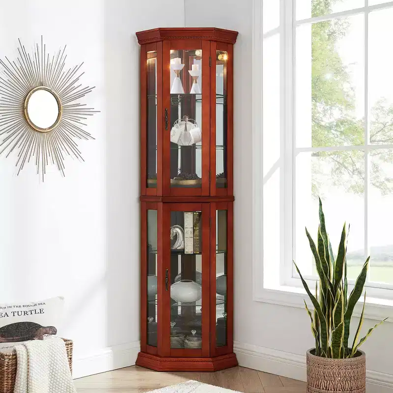 Corner Curio Cabinet with Glass Doors and Adjustable Tempered Glass Shelves, Display Cabinet for Living Room, Kitchen