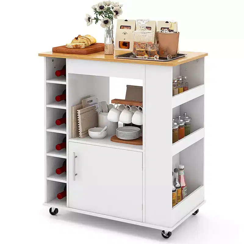 Rolling Kitchen Island Cart with Bamboo Top, Wine Rack, Towel Rack, and Cabinet, White