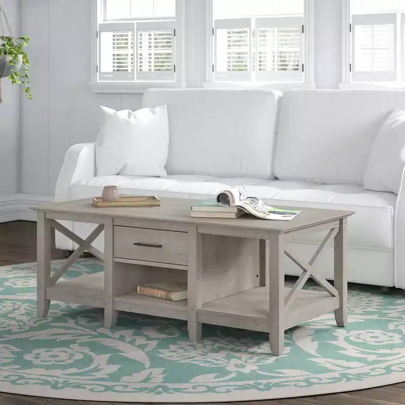 Key West Coffee Table with Storage - Bush Furniture: Aged Bronze Pulls, Open Compartments