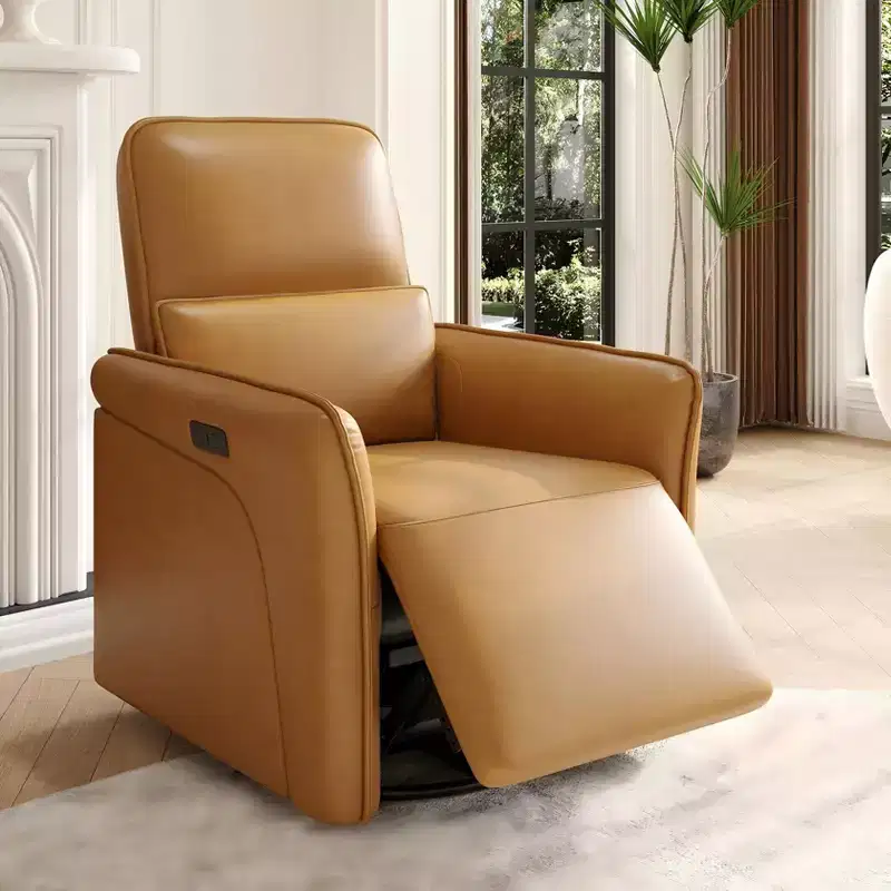 360 Swivel Leather Recliner Chair, Power Nursery Rocking Chair, Recliner Chair with Lumbar Support, USB Port & Footrest, for Living Room, Brown