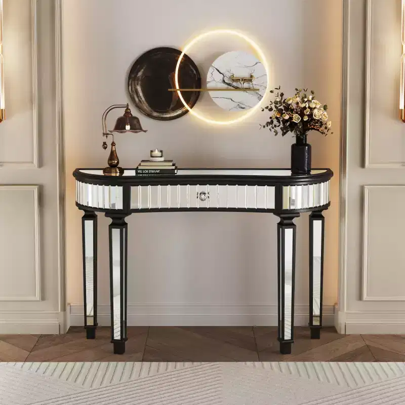 47 Modern Mirrored Console Table with Storage Drawer, Half-Moon Entryway Table for Hallway, Dressing Room, or Living Room -