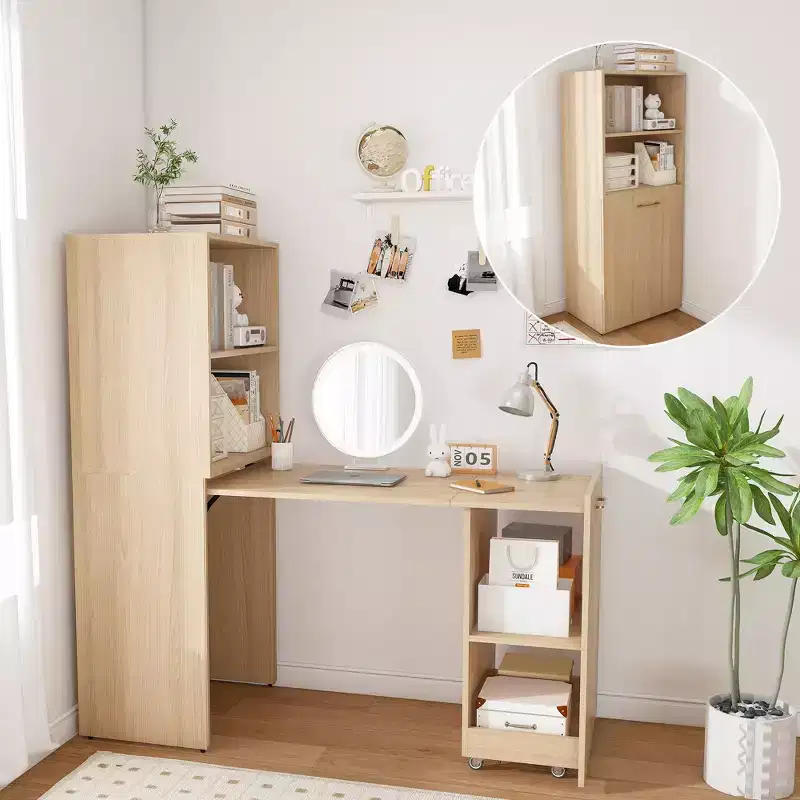 Extendable Desk with Storage Shelves & Casters, Foldable Design for Small Spaces & Offices (Burlywood)